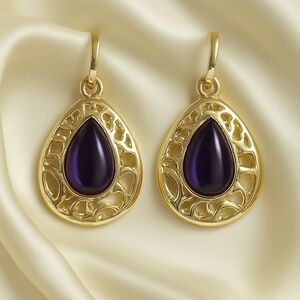 Polished Purple Teardrop Gemstone Dangle Earrings – Gold Filigree Hypoallergenic